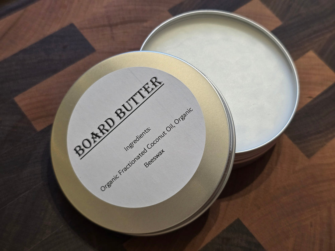 Board Butter cutting board conditioner in 2oz and 4oz sizes by ReDieming Creations, made with organic beeswax and fractionated coconut oil. Mineral oil free. Natural alternative to mineral oil.