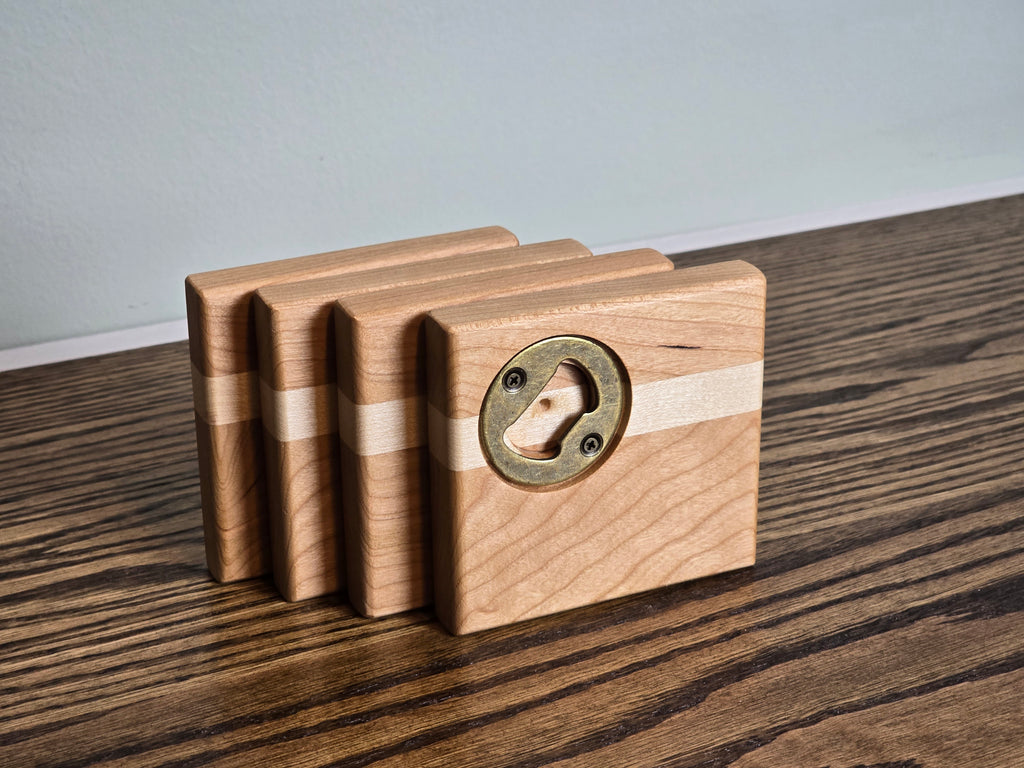Hardwood Coasters - Cherry and Maple w/ Bottle Opener