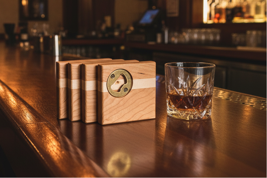 Hardwood Coasters - Cherry and Maple w/ Bottle Opener