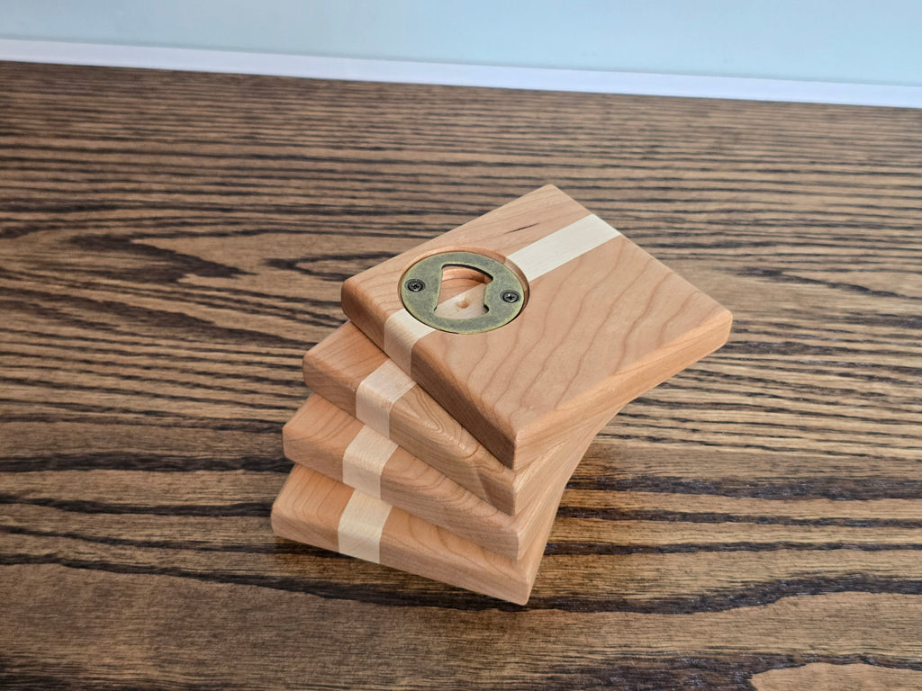 Hardwood Coasters - Cherry and Maple w/ Bottle Opener