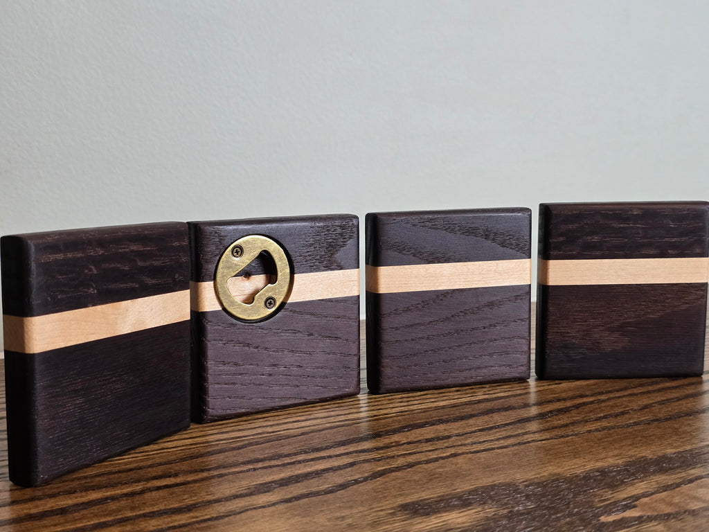 Hardwood Coasters - TM Red Oak and Maple w/ Bottle Opener