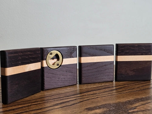 Hardwood Coasters - TM Red Oak and Maple w/ Bottle Opener