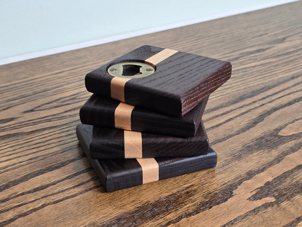 Hardwood Coasters - TM Red Oak and Maple w/ Bottle Opener