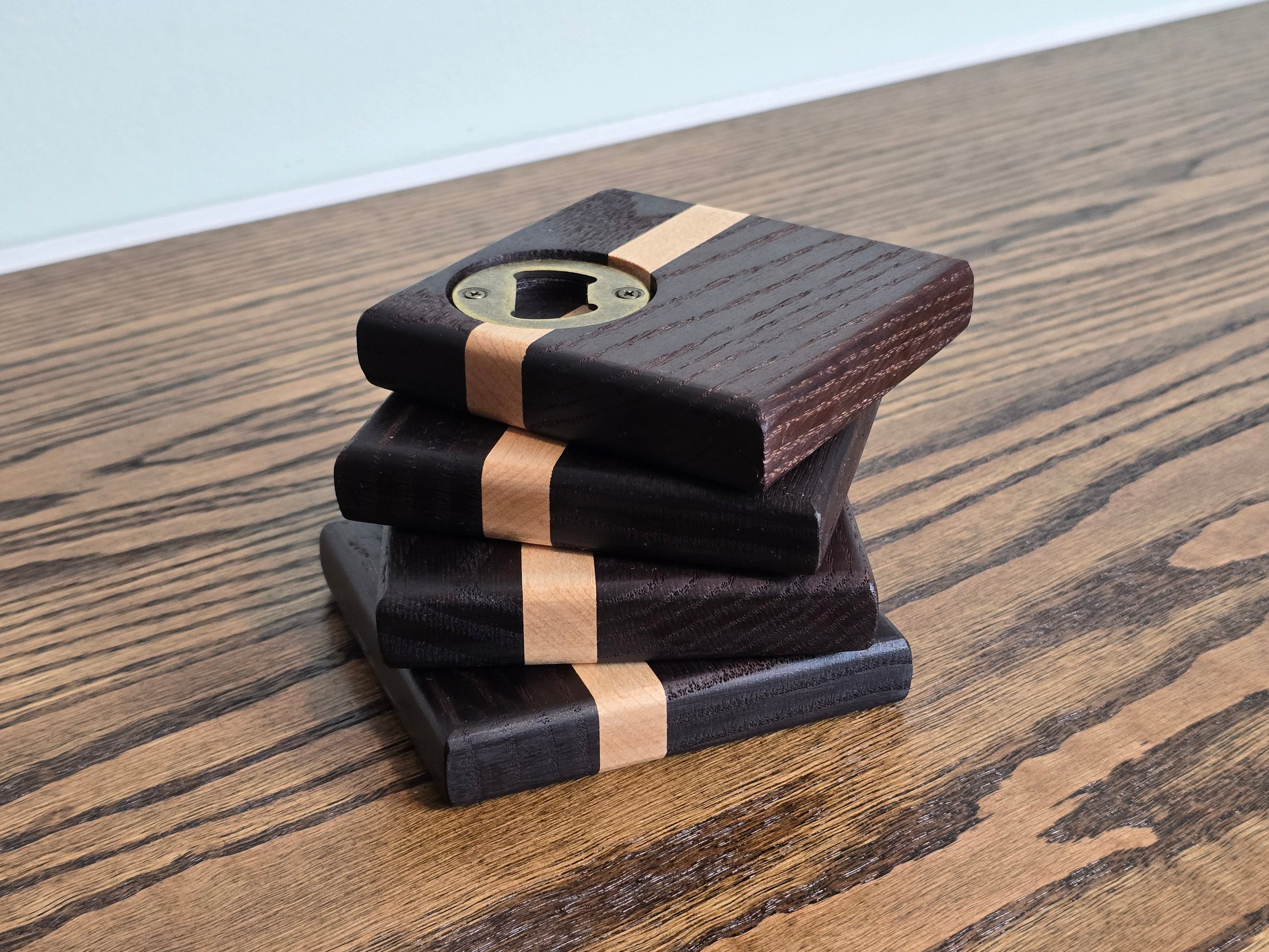 Hardwood Coasters - TM Red Oak and Maple w/ Bottle Opener