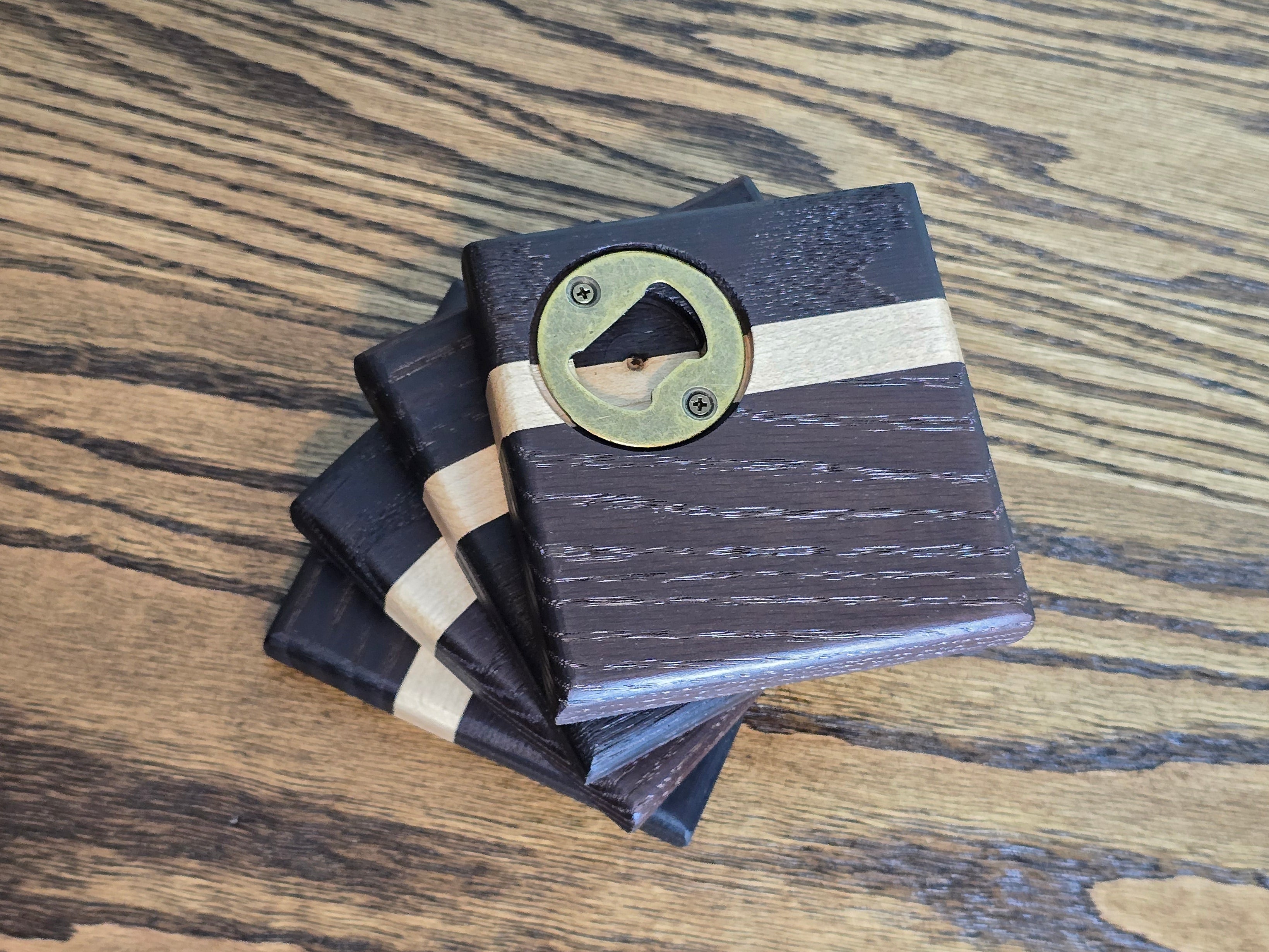 Hardwood Coasters - TM Red Oak and Maple w/ Bottle Opener