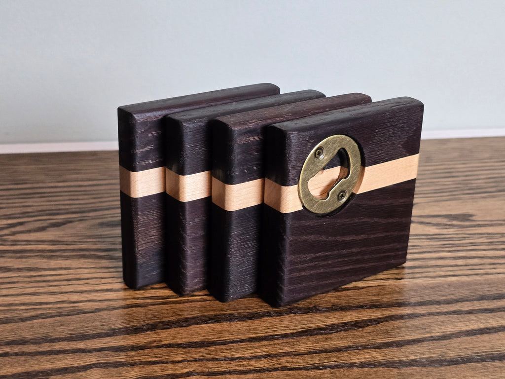 Hardwood Coasters - TM Red Oak and Maple w/ Bottle Opener