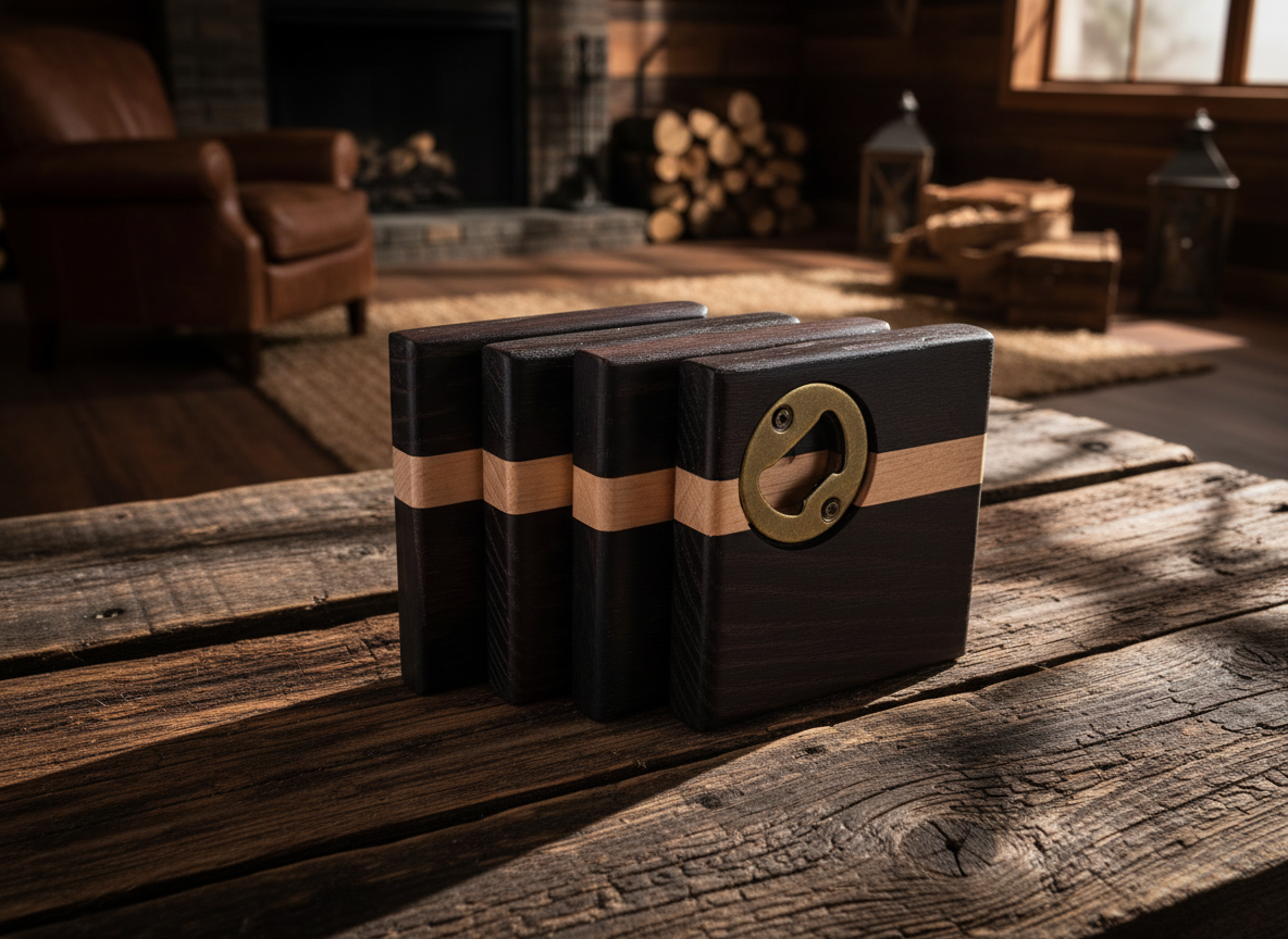 Hardwood Coasters - TM Red Oak and Maple w/ Bottle Opener