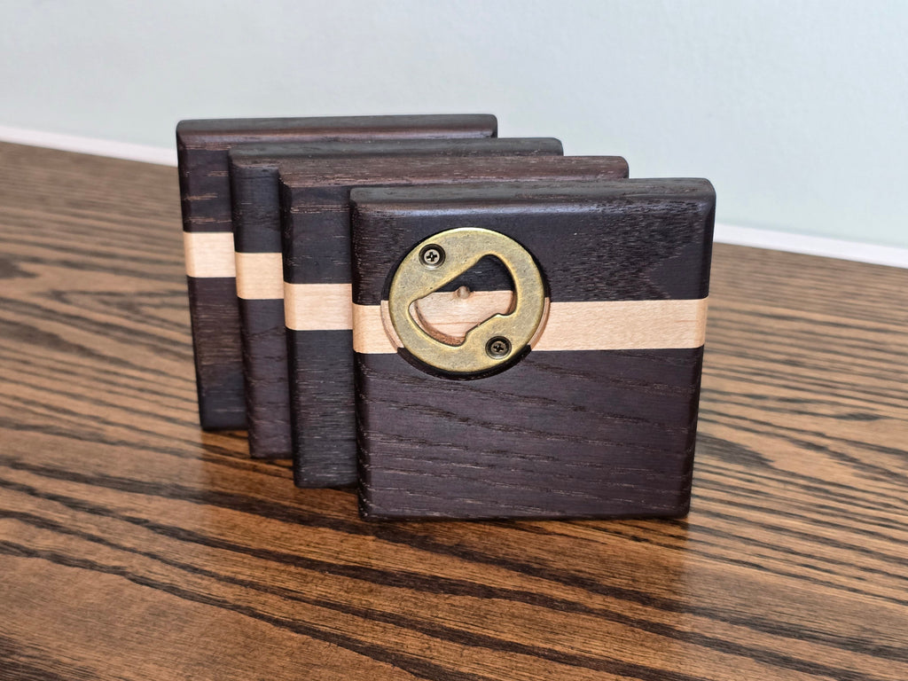 Hardwood Coasters - TM Red Oak and Maple w/ Bottle Opener