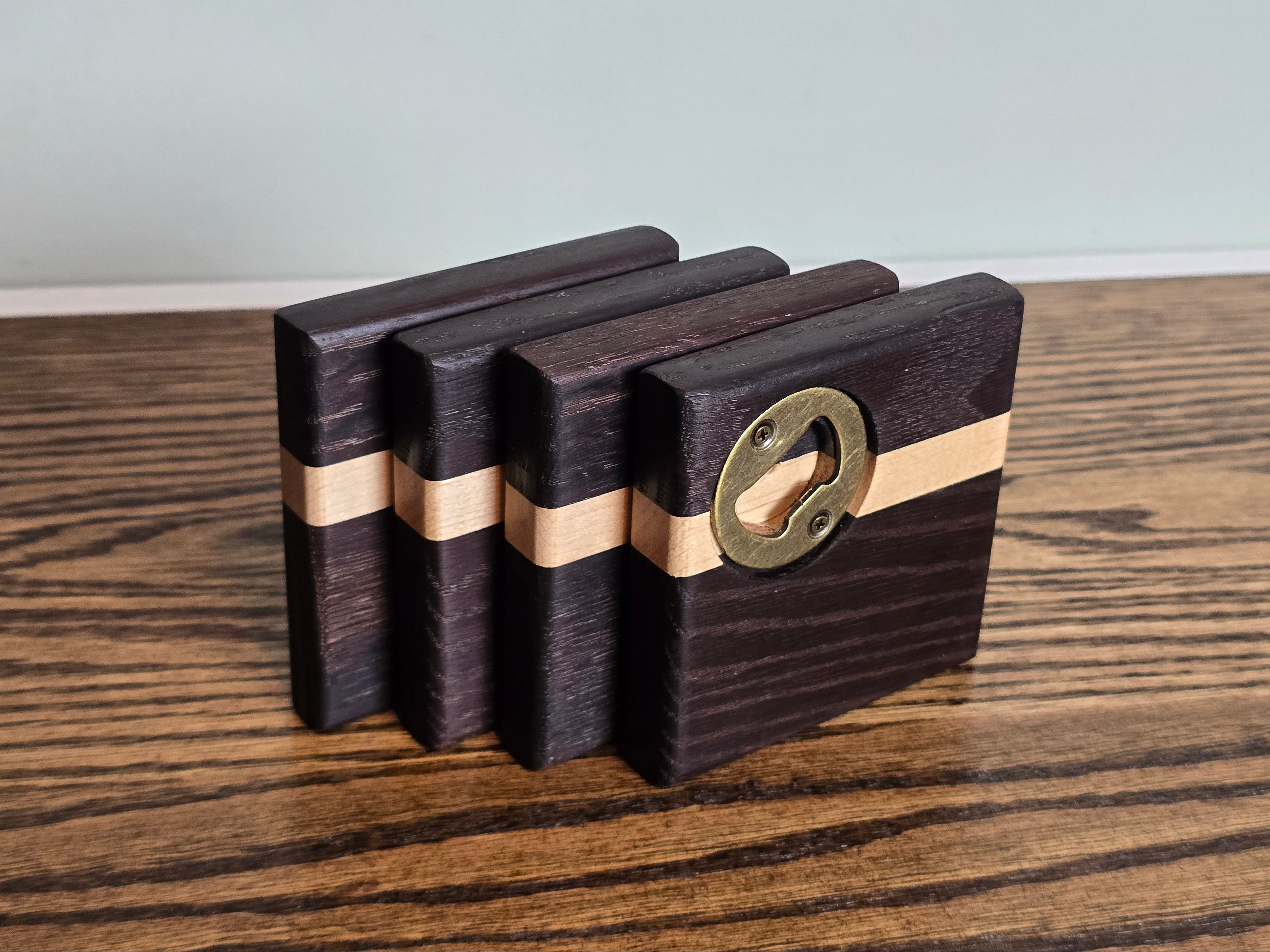 Hardwood Coasters - TM Red Oak and Maple w/ Bottle Opener