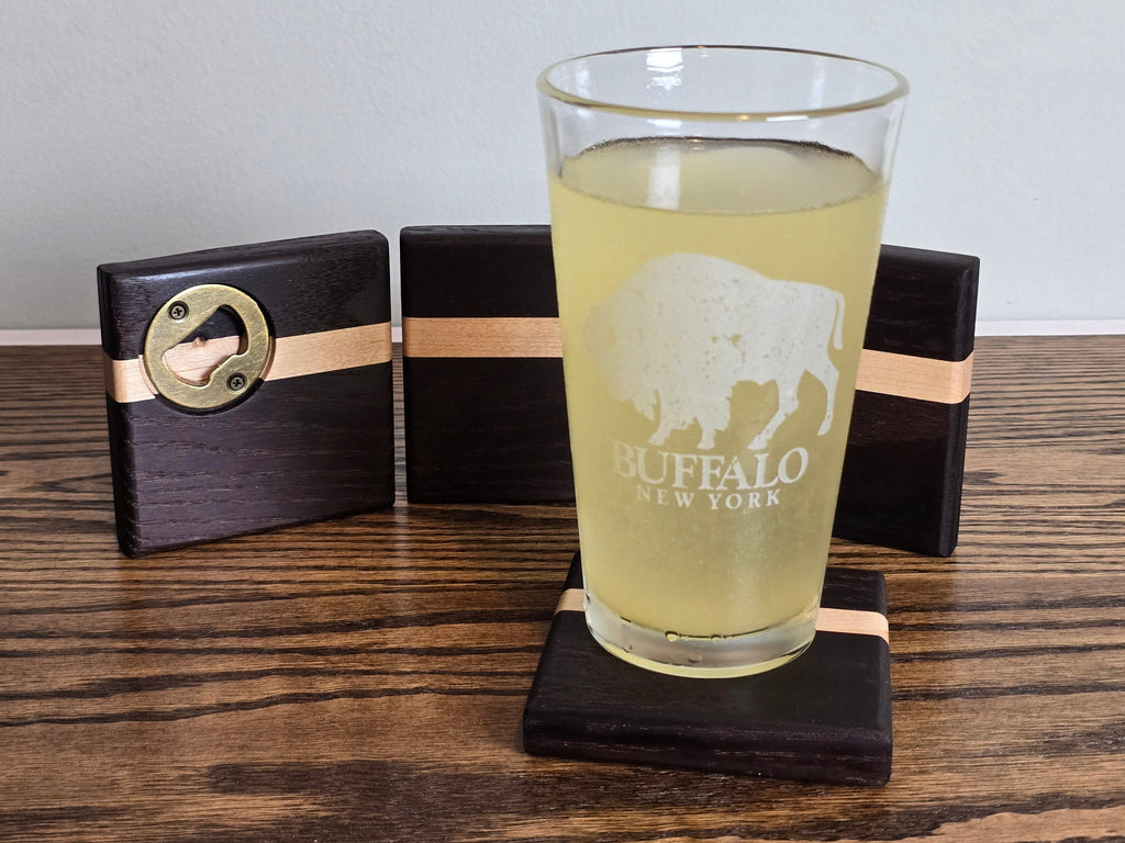 Hardwood Coasters - TM Red Oak and Maple w/ Bottle Opener