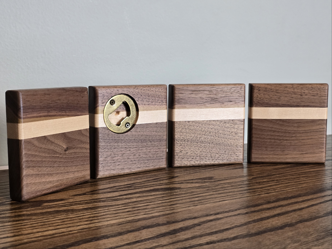 Hardwood Coasters - Black Walnut and Maple w/ Bottle Opener