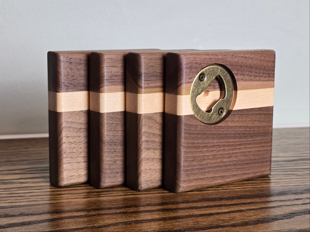 Hardwood Coasters - Black Walnut and Maple w/ Bottle Opener