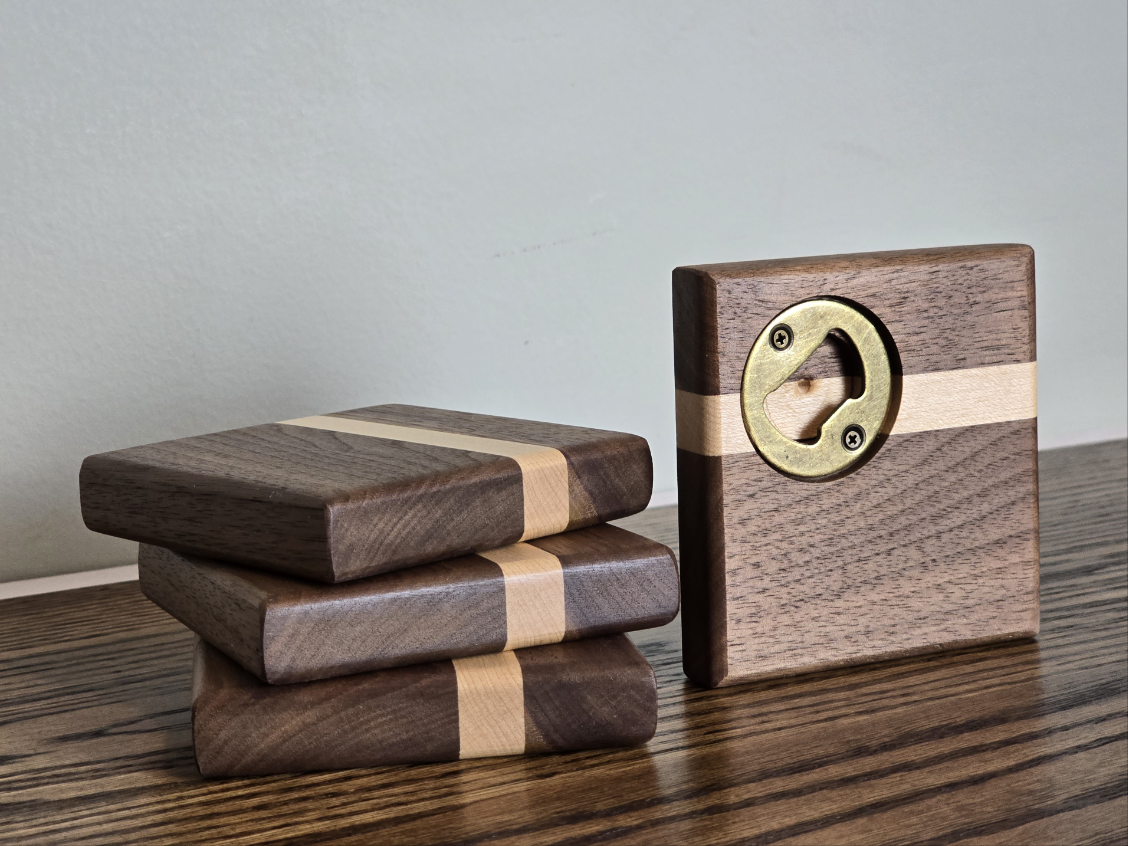 Hardwood Coasters - Black Walnut and Maple w/ Bottle Opener