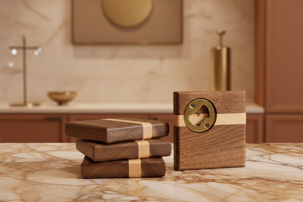 Hardwood Coasters - Black Walnut and Maple w/ Bottle Opener